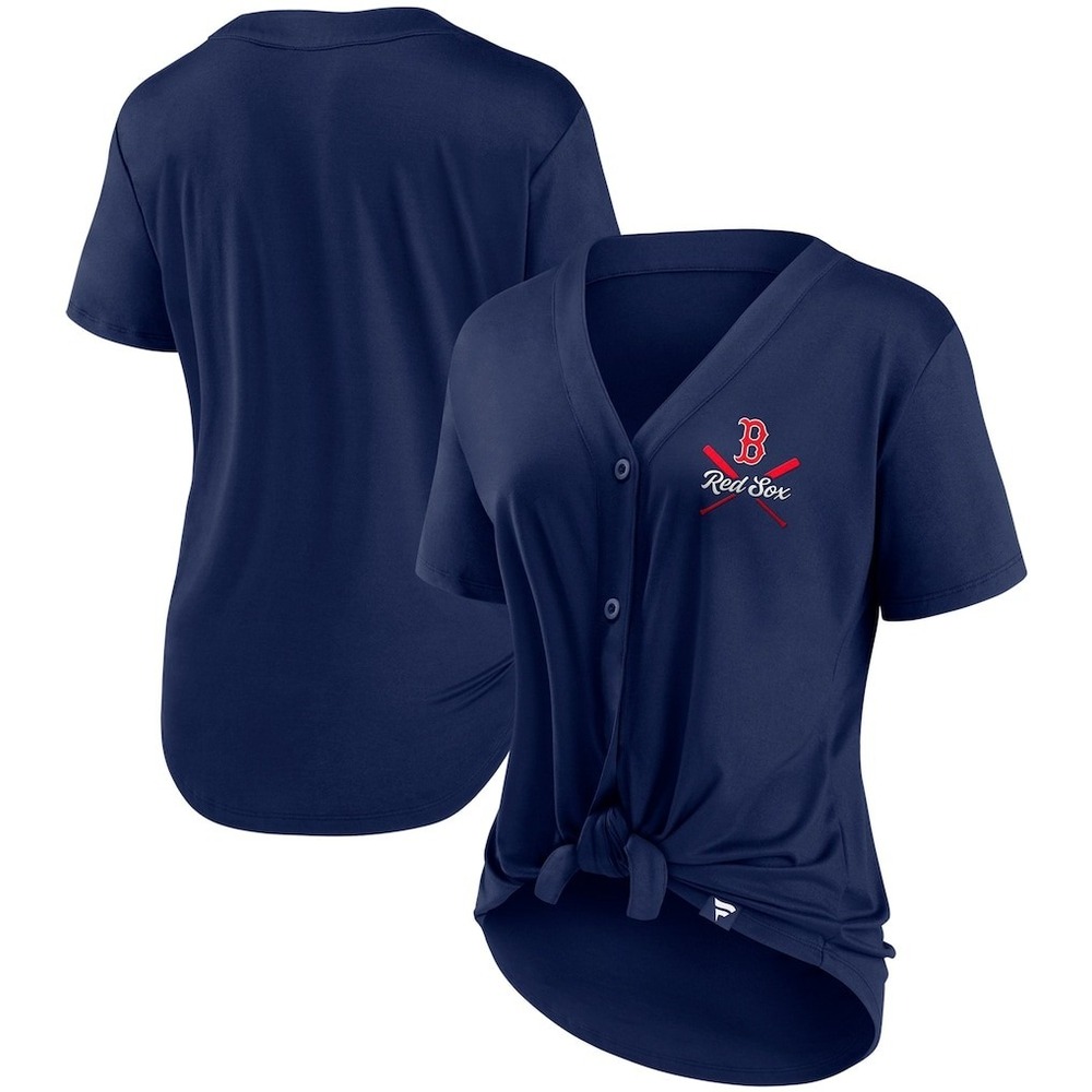 NEW Boston Red Sox V-Neck Baseball Jersey Womens Medium Navy Blue Button Shirt